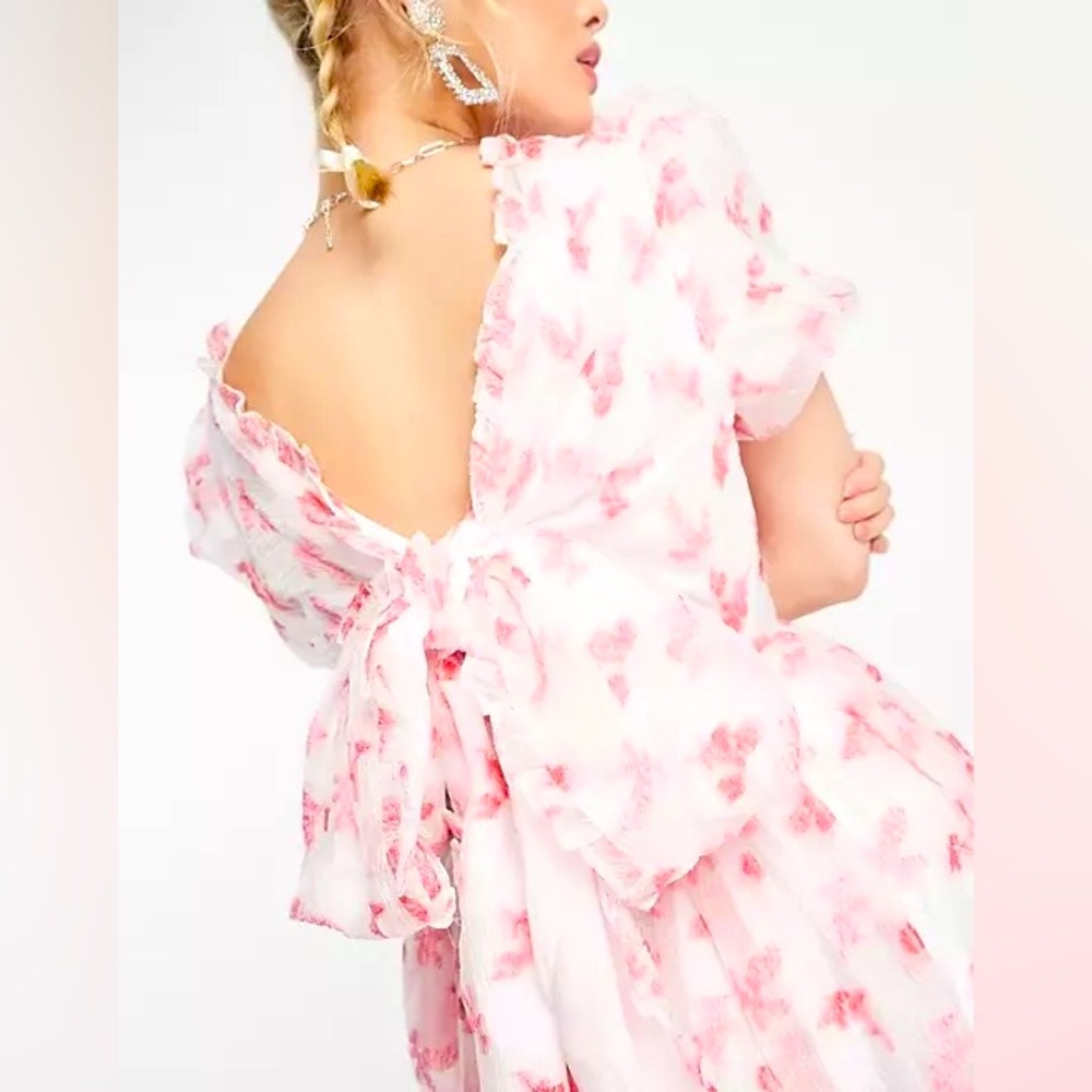 SISTER JANE Rare Midi Puff Smock Dress in Pink Floral Jacquard Size Medium NEW! - Picture 3 of 16